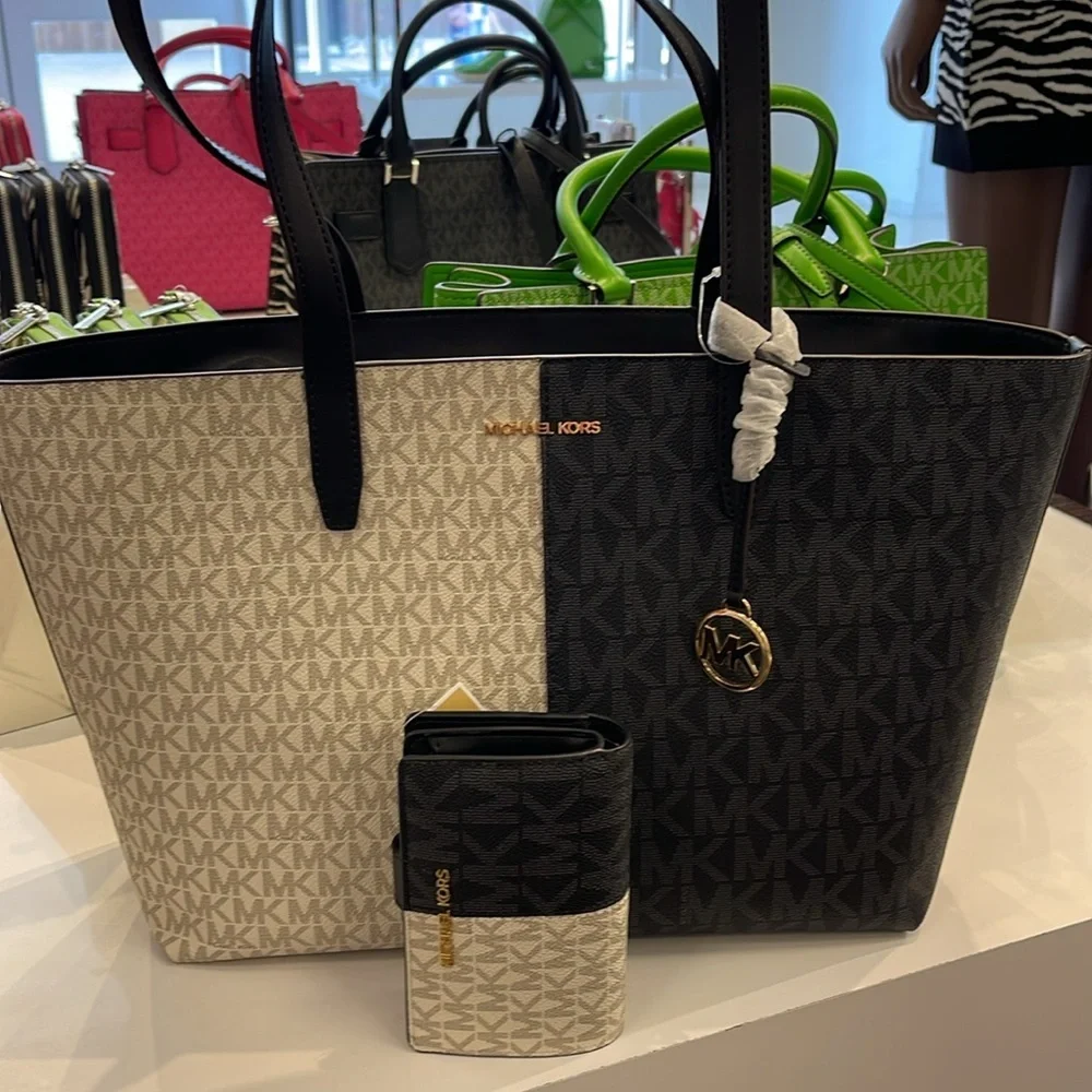 Michael Kors Jet Set Medium Two-Tone Logo Tote & Medium Two-Tone Logo Wallet NWT